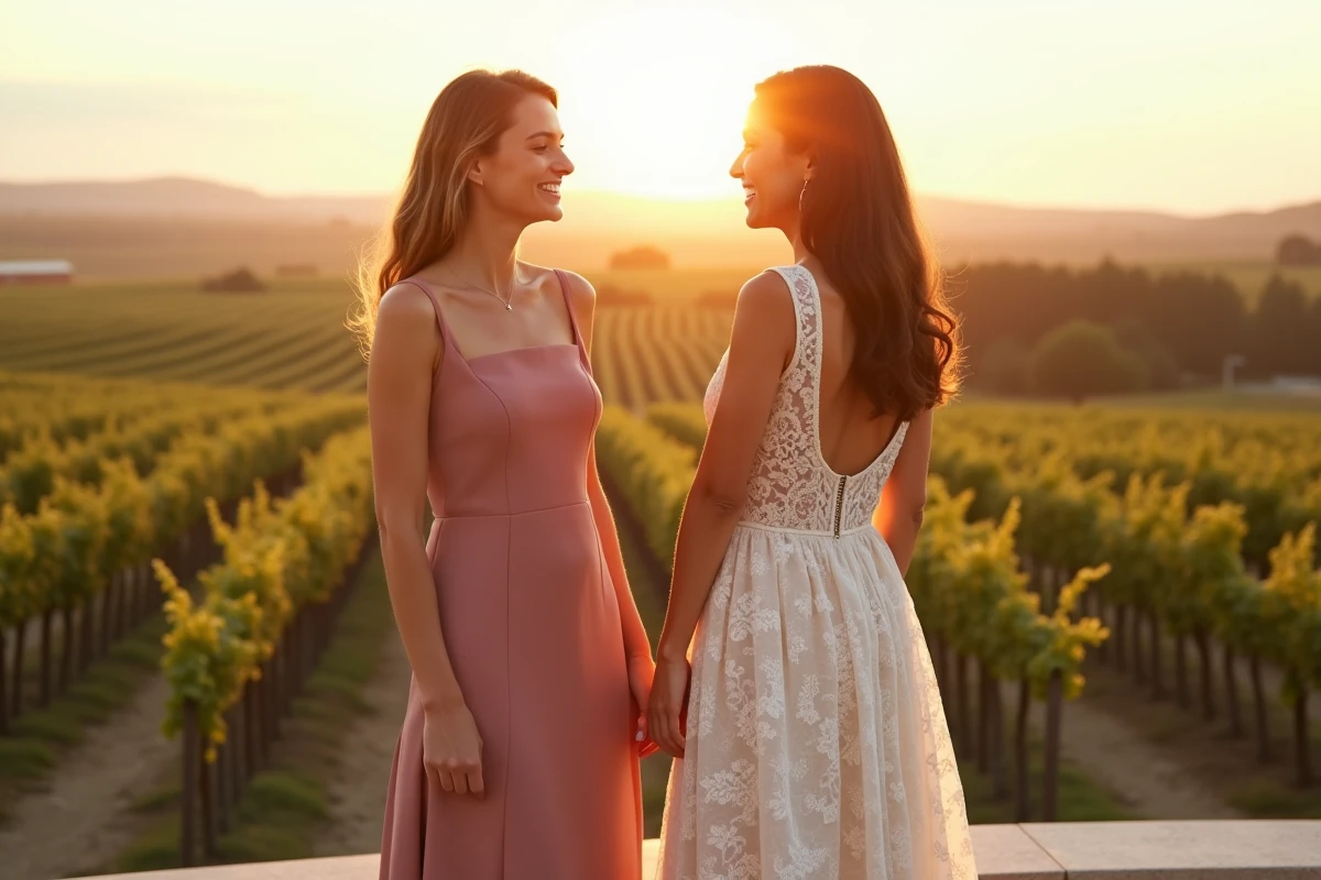 Deux femmes comparant une robe midi décolleté carré et une robe longue en dentelle pour choisir la tenue de mariage idéale