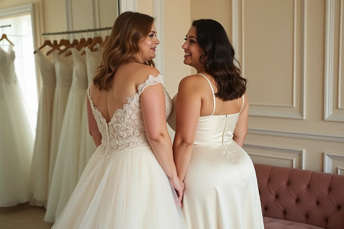 Deux femmes rondes comparant une robe de mariée courte et une longue devant un miroir en boutique