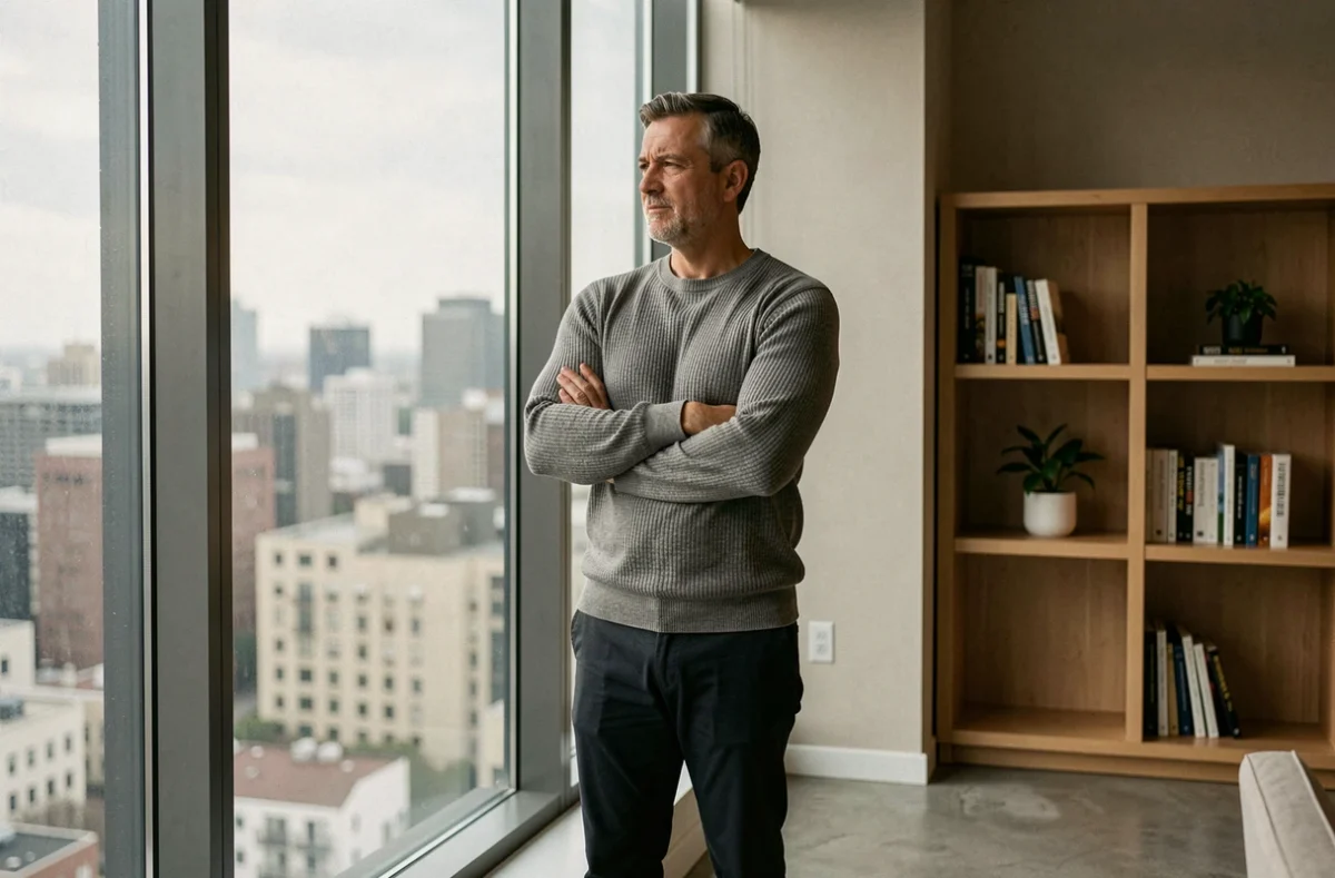 Homme discret dans un appartement moderne symbolisant le respect de la vie privée du conjoint d'une personnalité publique