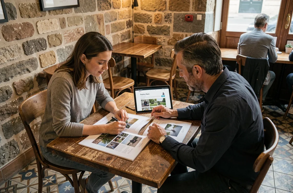Couple en consultation avec un photographe à Tours pour réserver une séance photo longtemps à l'avance