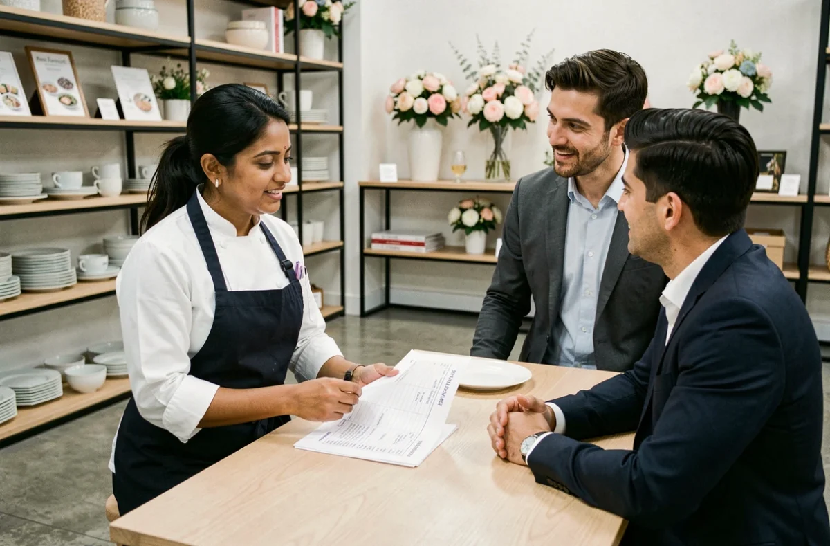 Consultation tarif traiteur mariage avec une cheffe cuisinière présentant les options halal et végétariennes à un couple