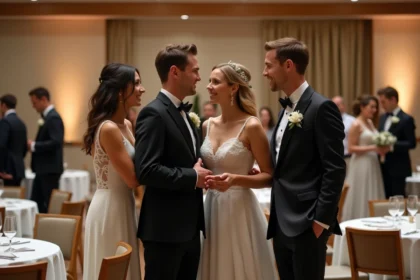 Groupe de couples français en tenue de mariage lors d'une réception