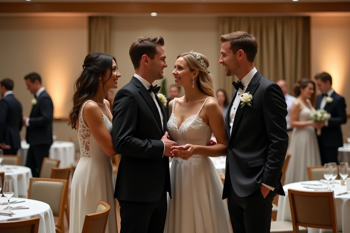 Groupe de couples français en tenue de mariage lors d'une réception