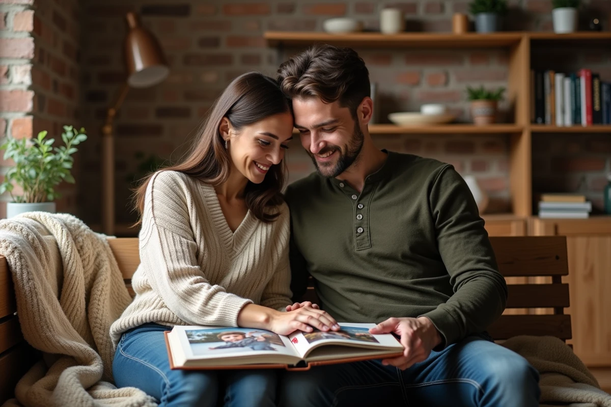 Couple regardant un album photo souvenir assis dans un intérieur chaleureux avec murs en brique et étagères en bois