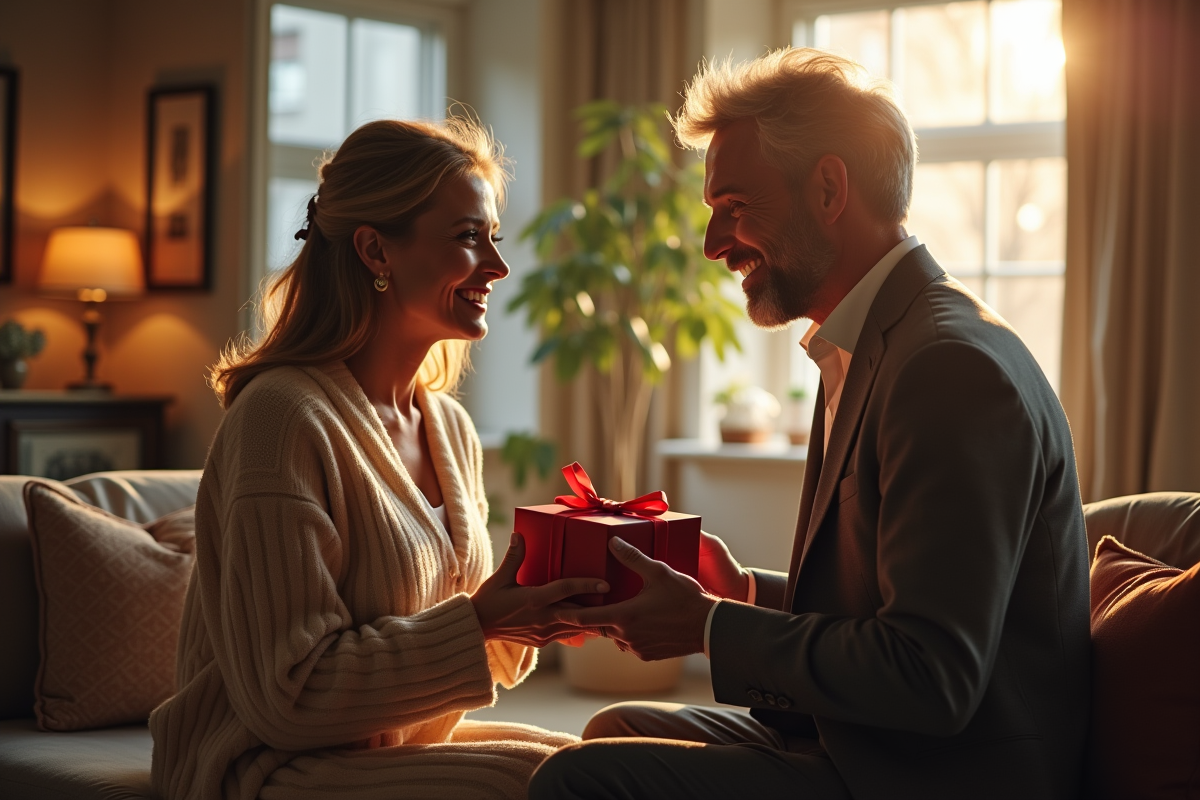 Couple d'âge moyen échangeant un cadeau dans un salon chaleureux