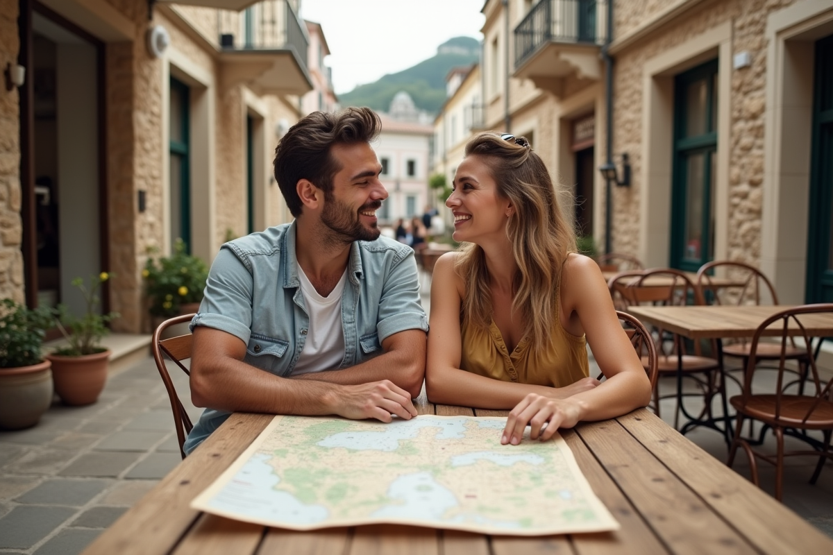 Jeune couple souriant avec carte sur terrasse en village