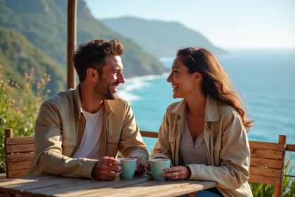 Jeune couple riant autour d'un café en terrasse en bord de mer