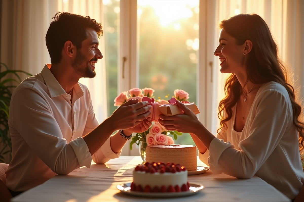 Jeune couple échangeant des cadeaux lors d'un anniversaire
