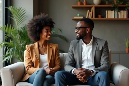 Couple élégant en discussion dans un salon moderne