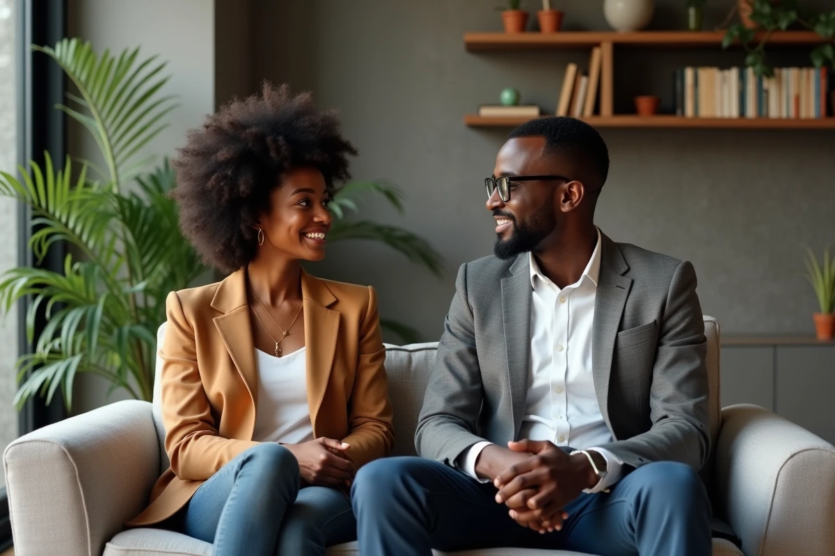 Couple élégant en discussion dans un salon moderne