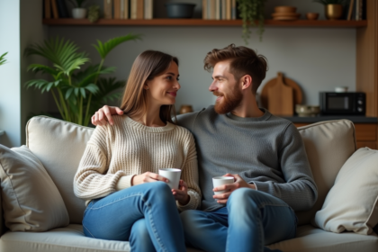Jeune couple dans un salon cosy en appartement urbain