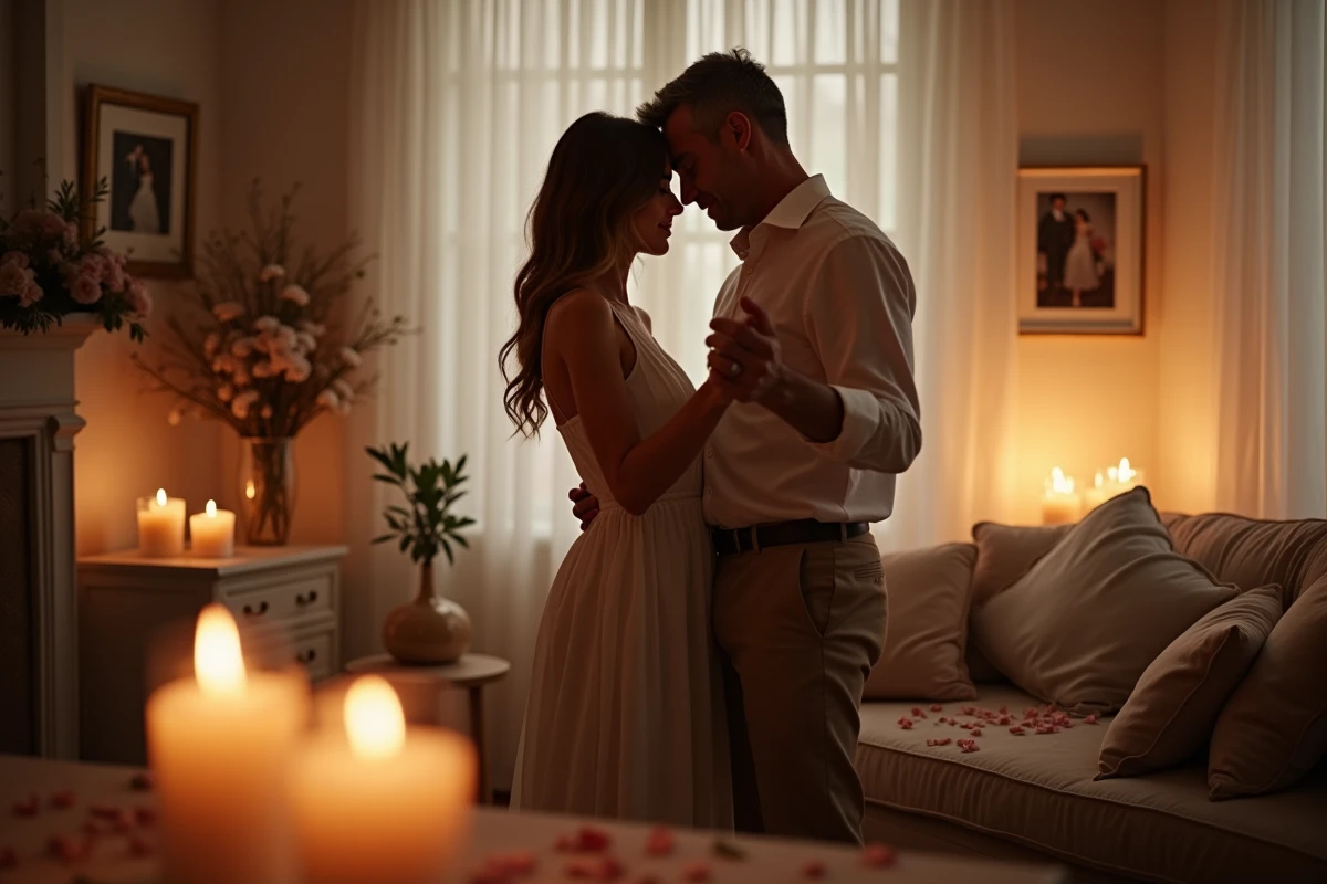Couple dansant lentement dans un salon décoré de bougies et de pétales de roses pour leur 17e anniversaire de mariage