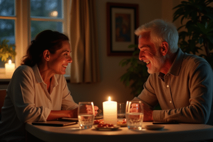 Couple mature souriant lors d un dîner romantique à la maison