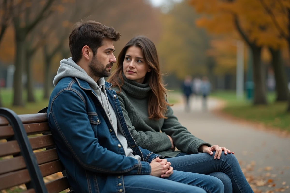 Couple assis sur un banc de parc avec une distance émotionnelle visible, illustrant la tension conjugale et un homme distrait dans sa relation