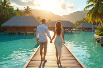 Couple main dans la main sur un pont en bois à Bora Bora