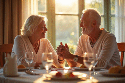 Couple âgé souriant lors d un anniversaire à table