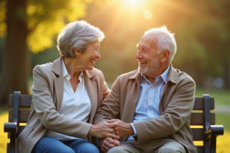 Couple de seniors souriants sur un banc dans un parc