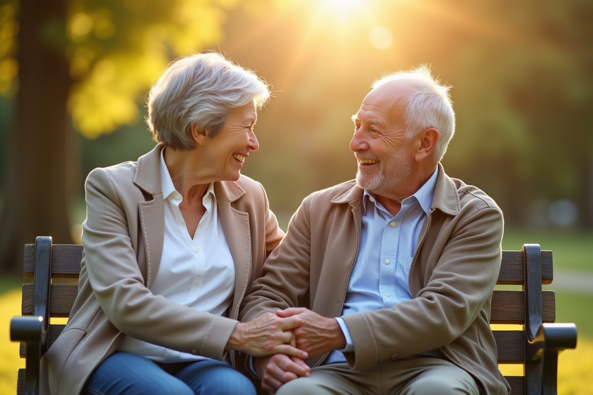 Couple de seniors souriants sur un banc dans un parc