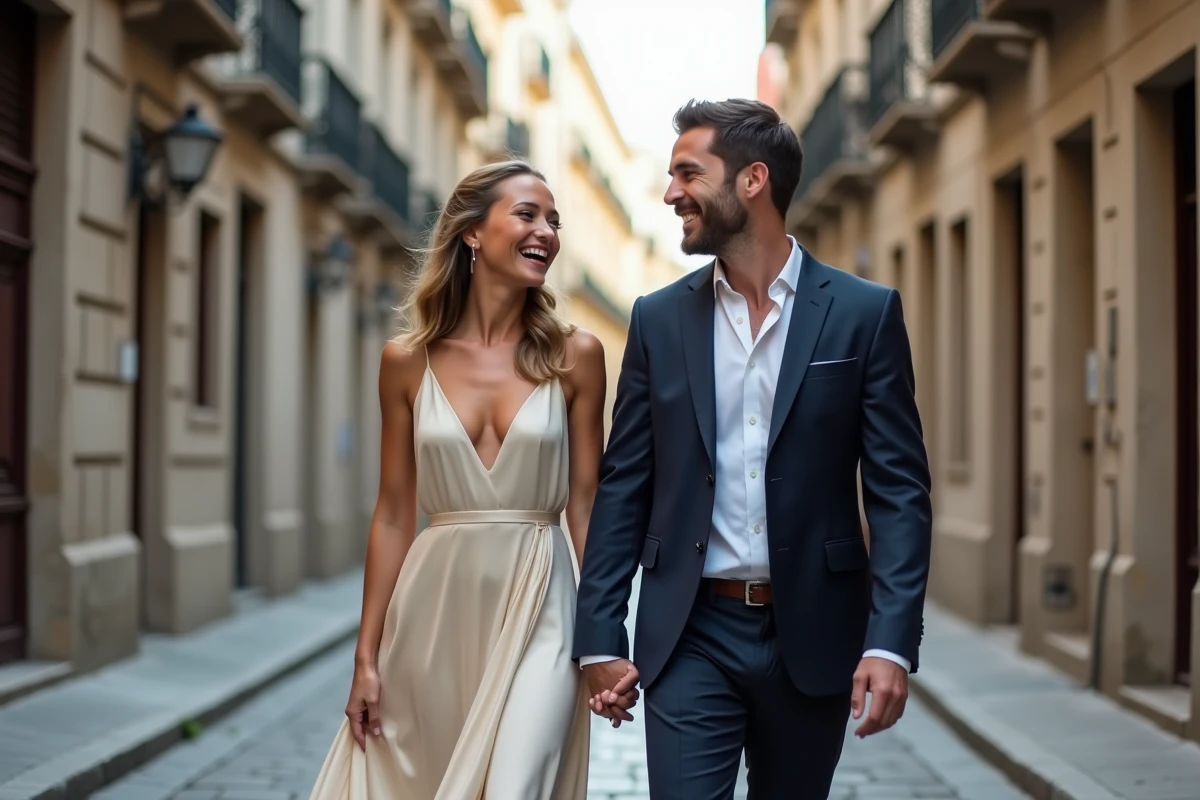 Couple élégant marchant sur des pavés d'une rue européenne, moment de complicité et de bonheur conjugal