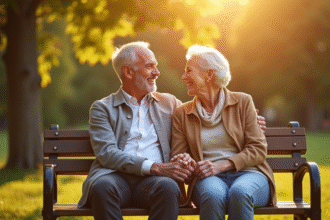 Couple souriant assis sur un banc dans un parc ensoleille
