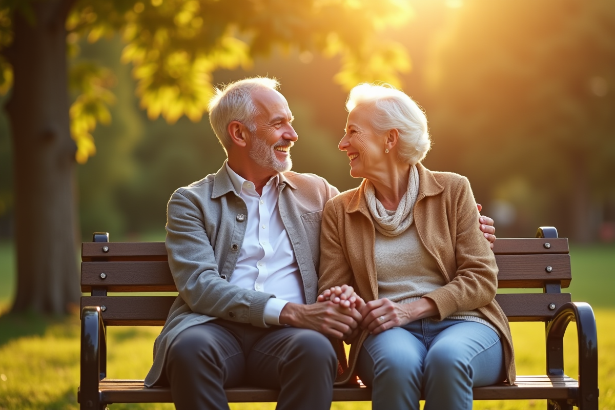 Couple souriant assis sur un banc dans un parc ensoleille