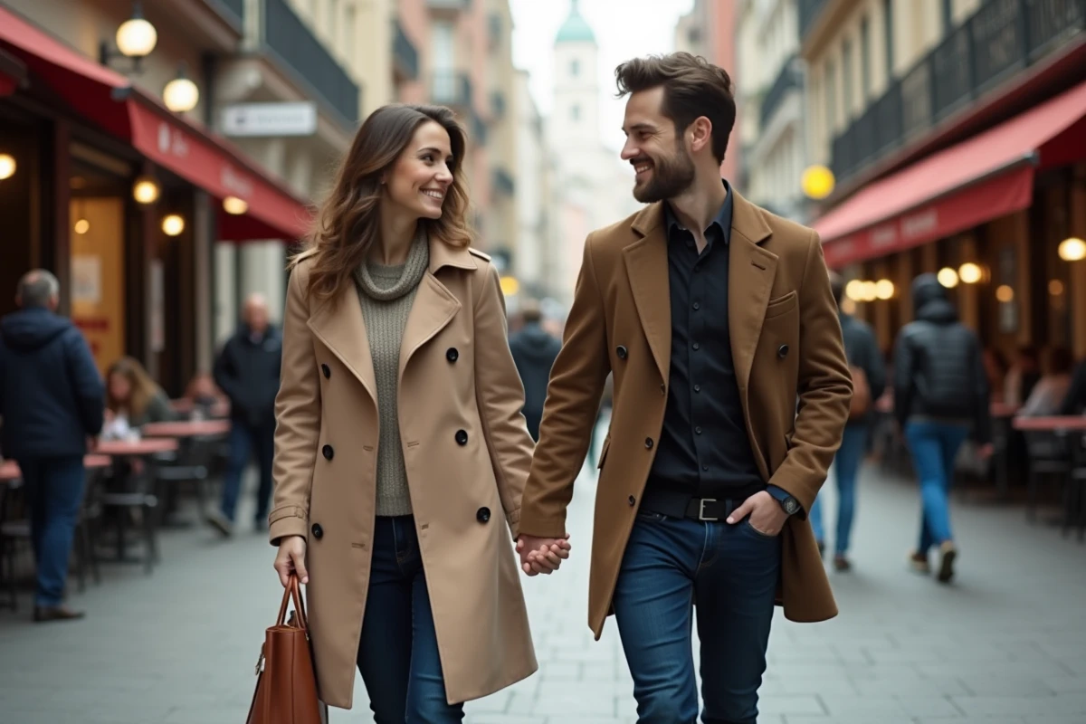 Couple marchant main dans la main en ville animée