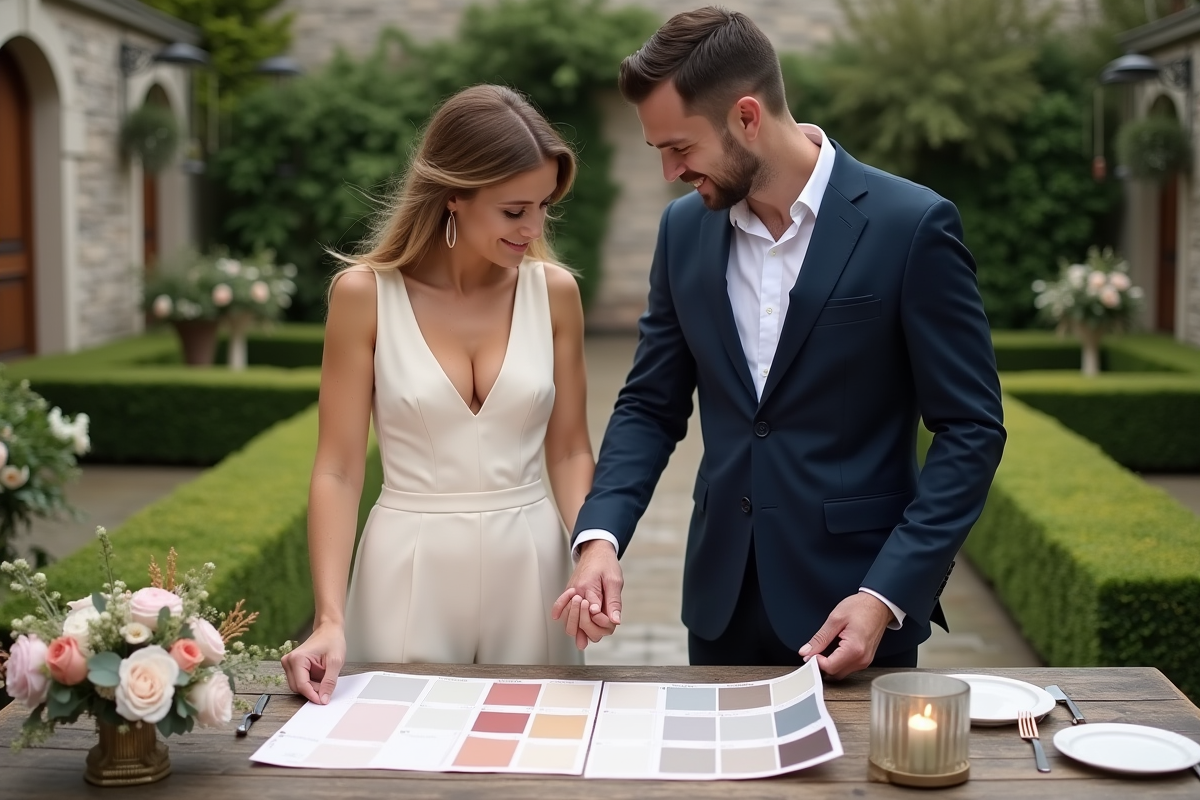 Couple discutant palettes de couleurs dans un jardin chic