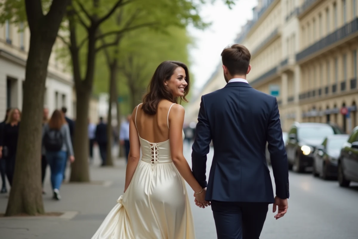 Couple de jeunes mariés marchant dans une rue parisienne après un mariage civil, la mariée portant une robe courte ivoire élégante