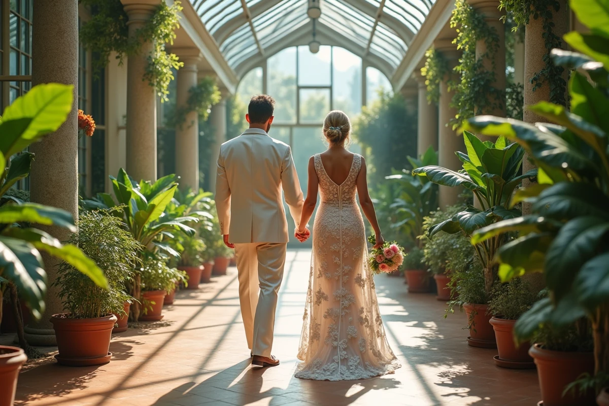 Couple de mariés dans un conservatoire lumineux et verdoyant