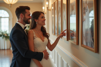 Jeune couple en tenue de mariage devant une galerie photo