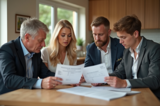 Couple élégant discutant de factures de mariage à la cuisine