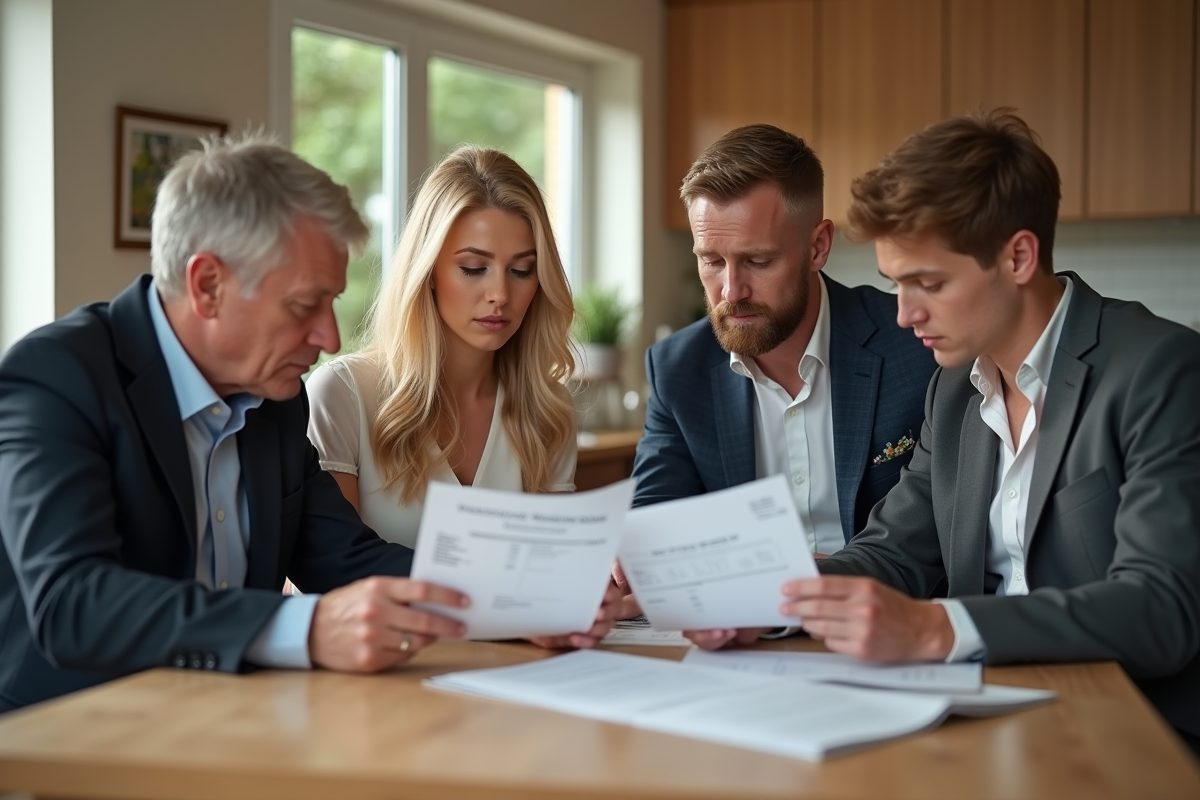 Couple élégant discutant de factures de mariage à la cuisine