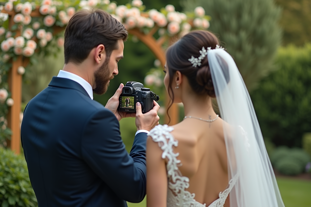 Jeune couple regardant des photos de mariage sur un appareil
