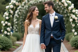Couple souriant lors de leur mariage en robe de mariée en dentelle et costume bleu marine dans un jardin fleuri