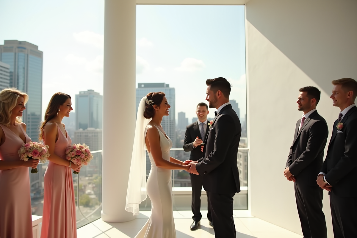 Couple échangeant leurs vœux sur un rooftop urbain lumineux