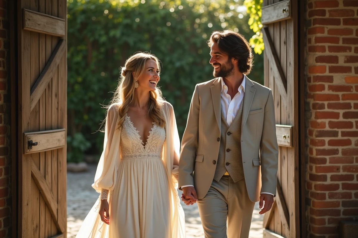 Couple de mariés riant devant une grange rustique