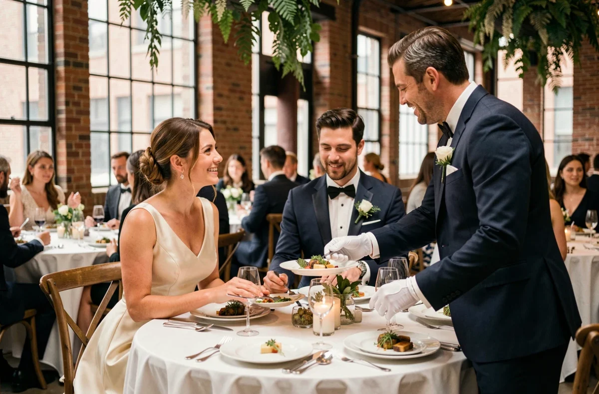 Couple de mariés servis par un serveur en gants blancs lors d'un dîner de mariage chic dans un loft industriel décoré