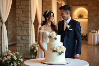 Couple de mariés souriant en train de couper leur gâteau de mariage lors d'une réception élégante en intérieur