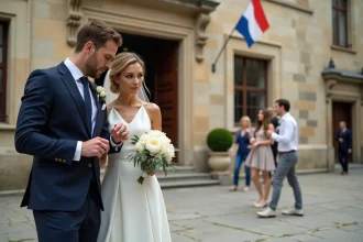 Couple de mariés devant la mairie vérifiant l'heure avant la cérémonie civile, stress du timing mariage