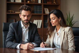 Couple professionnel en notaire dans un bureau moderne