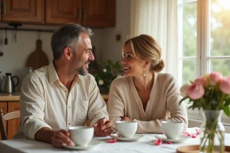 Couple de quarante ans partageant un petit-déjeuner romantique avec fleurs et café pour célébrer 17 ans de mariage