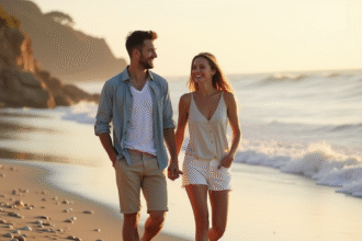 Jeune couple marié marche sur la plage au lever du soleil