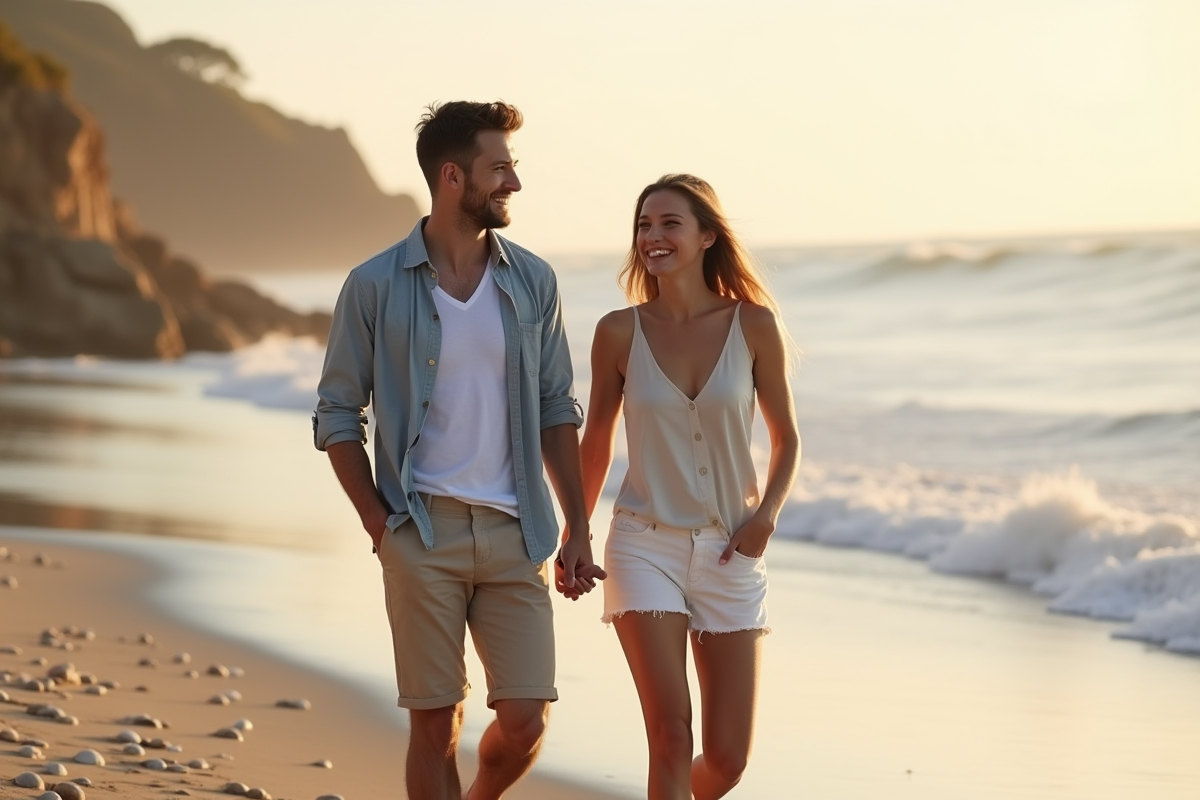 Jeune couple marié marche sur la plage au lever du soleil