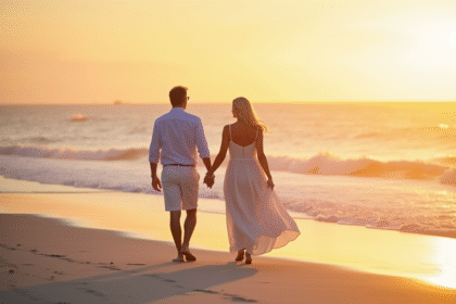 Couple mature marchant sur la plage au coucher de soleil