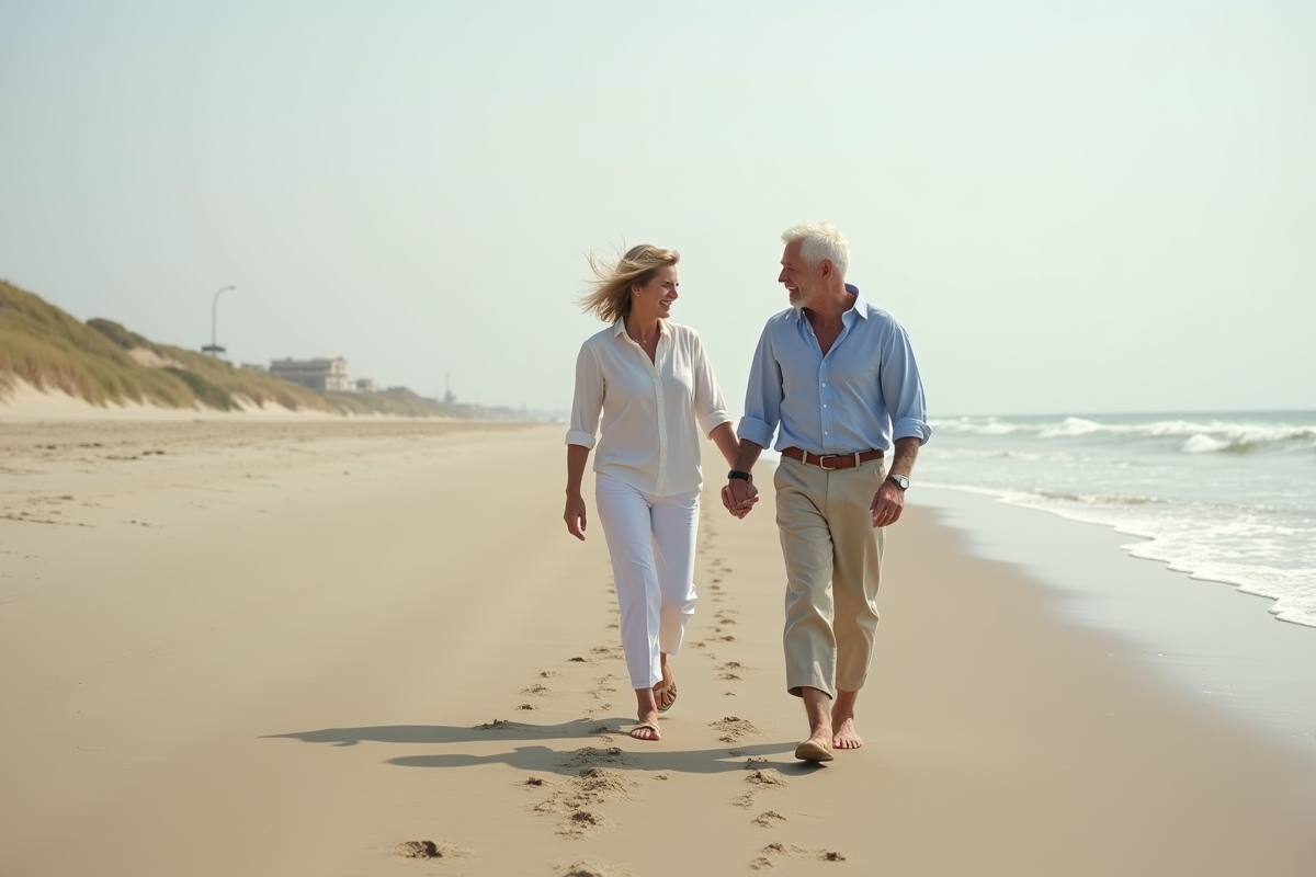 Couple marche sur plage sable avec vagues et dunes
