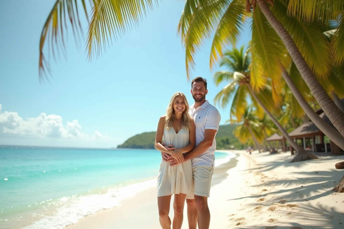 Couple marié souriant sur une plage tropicale