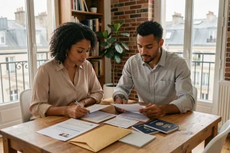 Couple préparant les documents pour une demande de visa mariage en France dans un appartement parisien