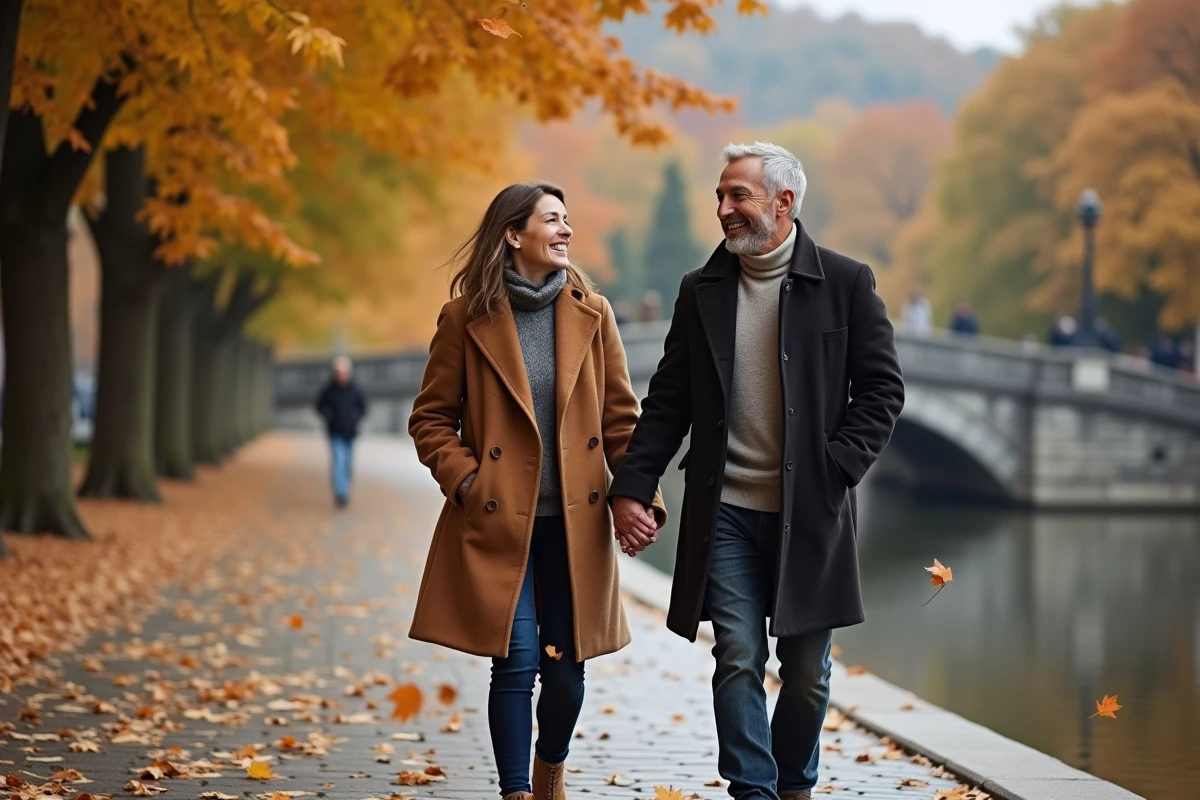 Couple se promenant main dans la main au bord d'une rivière en automne pour célébrer leur anniversaire de mariage