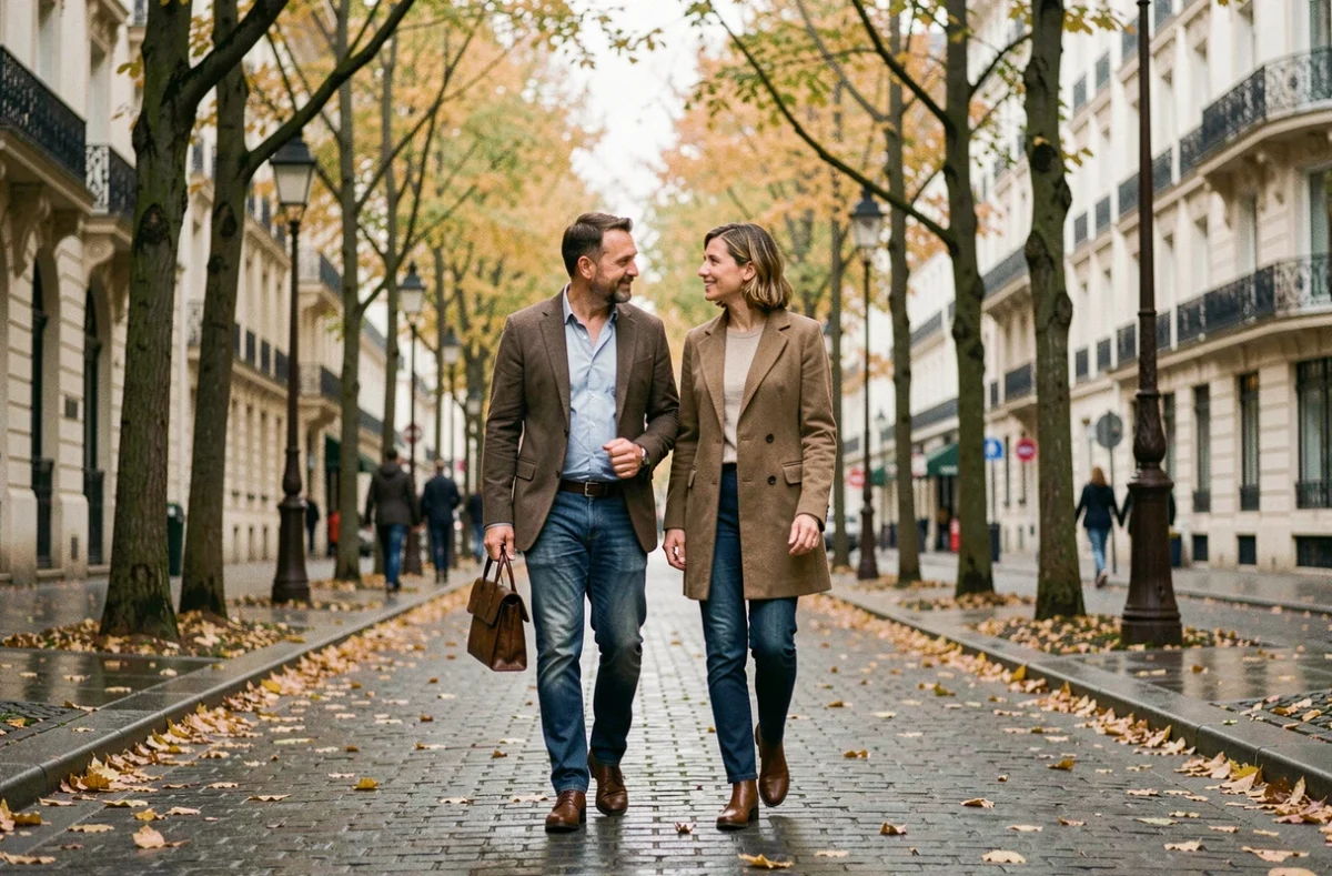 Couple élégant marchant sur une rue pavée parisienne en automne, ambiance documentaire discrète, feuilles dorées au sol