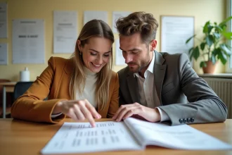 Couple consultant un calendrier et des documents officiels dans une mairie pour planifier la publication des bans de mariage